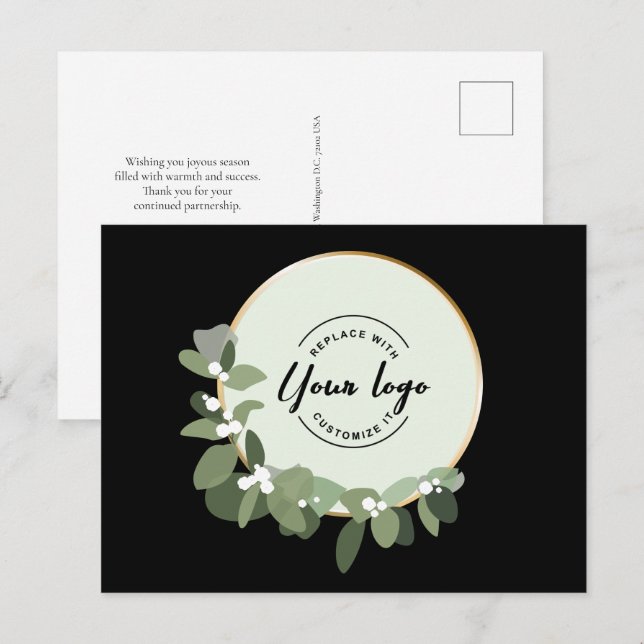 Modern Wreath Custom Logo business thank you Holiday Postcard (Front/Back)