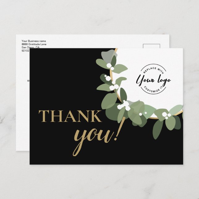 Modern Wreath custom logo Business Thank you   Holiday Postcard (Front/Back)