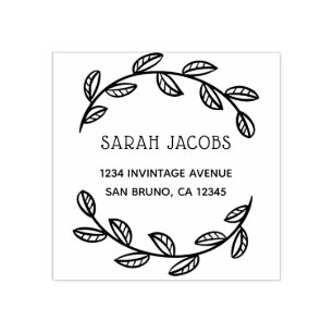 Modern Wreath & Custom Name Return Address Rubber Stamp