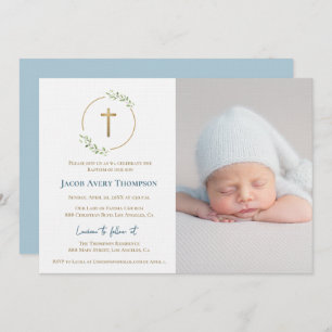 Modern Wreath Gold Cross Baby baptism Photo Blue Invitation