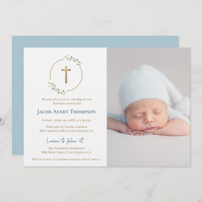 Modern Wreath Gold Cross Baby baptism Photo Blue Invitation (Front/Back)