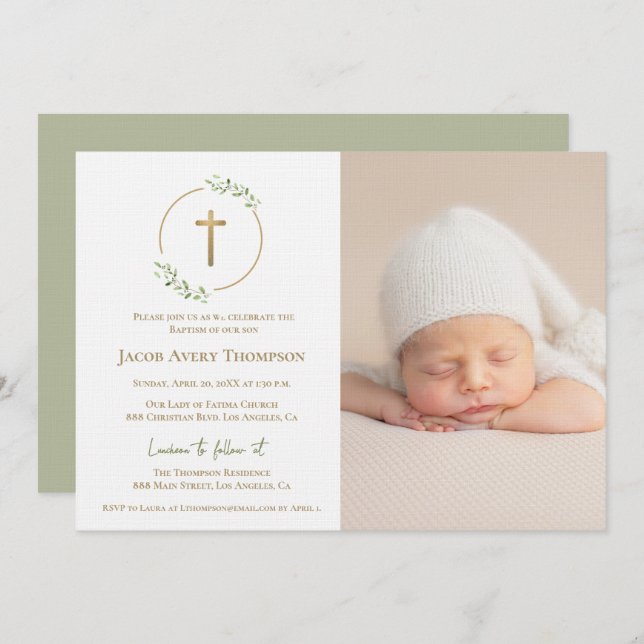 Modern Wreath Gold Cross Baby baptism Photo green Invitation (Front/Back)