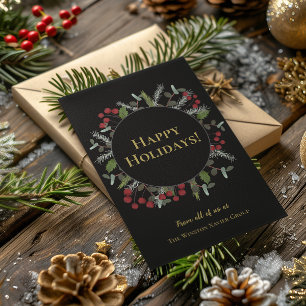 Modern Wreath Gold Happy Holidays Corporate logo Holiday Card