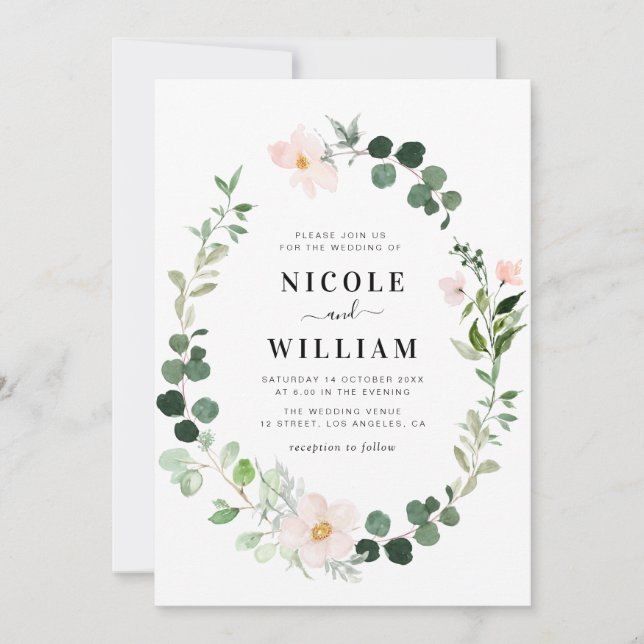 modern wreath green and blush floral wedding invitation (Front)