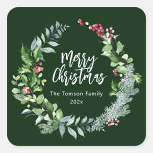 modern wreath holiday script christmas square sticker