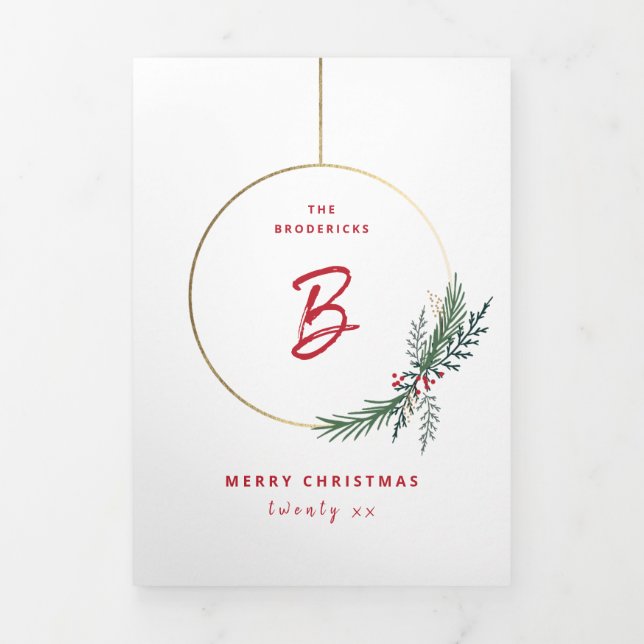 Modern wreath holiday swag Christmas photo Tri-Fold Card (Cover)