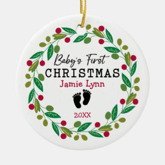 Modern Wreath Red Green Baby's First Christmas Ceramic Tree Decoration