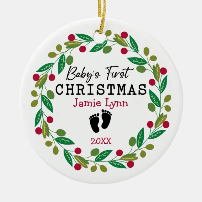 Modern Wreath Red Green Baby's First Christmas Ceramic Tree Decoration (Front)