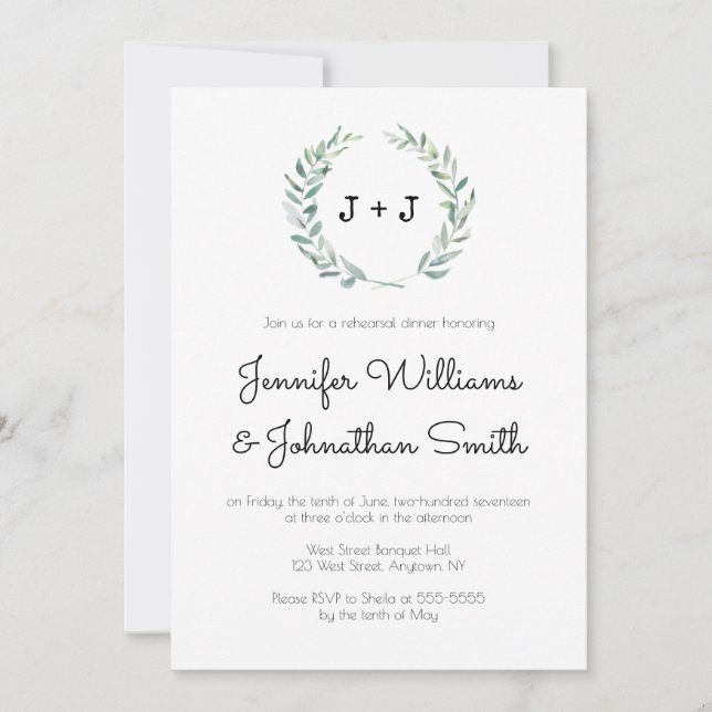 Modern wreath rehearsal dinner invitations (Front)