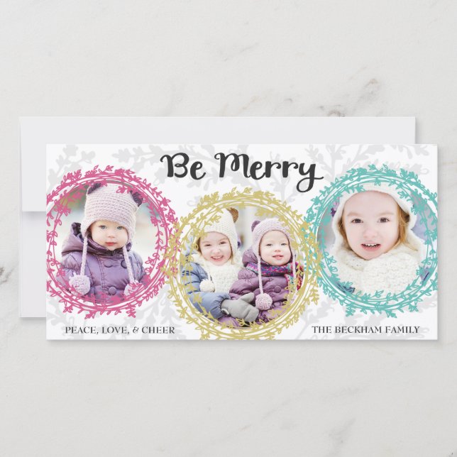 Modern Wreaths Be Merry Three Photo White Holiday Card (Front)
