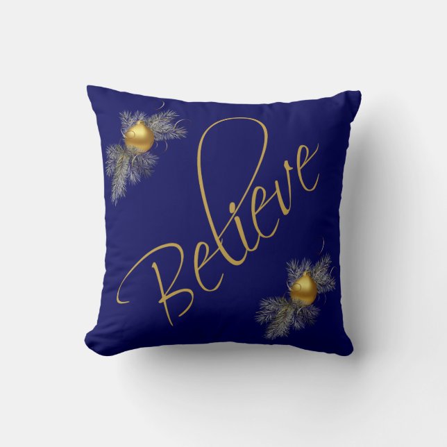 Modern Xmas, Believe (w/ ornaments) gold & navy Cushion (Front)