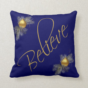 Modern Xmas, Believe (w/ ornaments) gold & navy Cushion