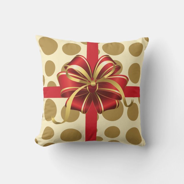 Modern Xmas Pillow, Cream & Gold Polka Dots w/ Bow Cushion (Front)