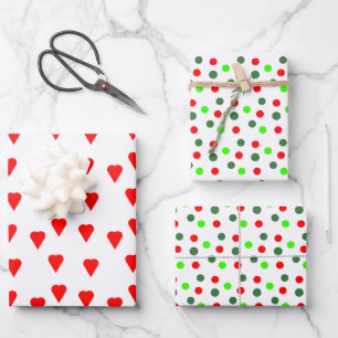 Modern Xmas Red Green Dots Hearts Christmas Wrapping Paper Sheet