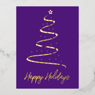 Modern Xmas tree in purple - golden Foil Holiday Postcard