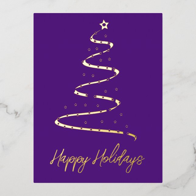 Modern Xmas tree in purple - golden Foil Holiday Postcard (Front)