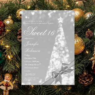Modern Xmas Tree Ribbon Sweet 16 Birthday Party Invitation