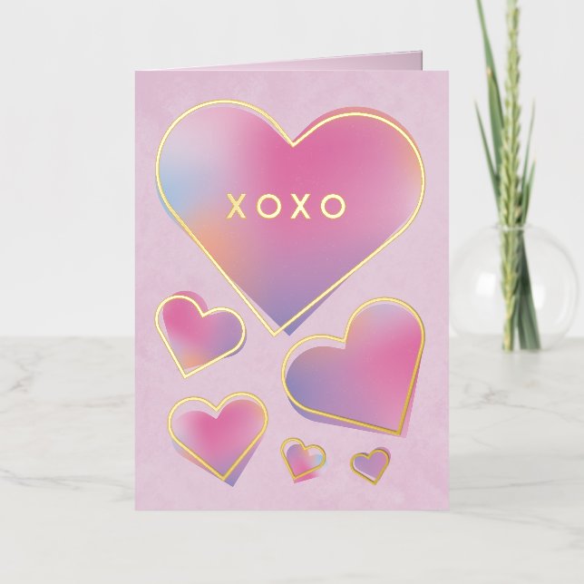 Modern XOXO Gradient Hearts Valentine's Day Foil Greeting Card (Front)