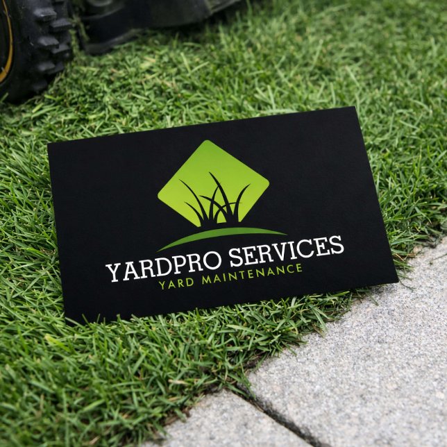 Modern Yard Maintenance Green Grass Logo Black Business Card (Creator Uploaded)
