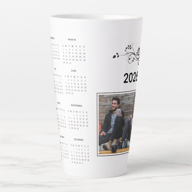 Modern Year 2026 Photo Calendar with Foliage  Latte Mug (Front)