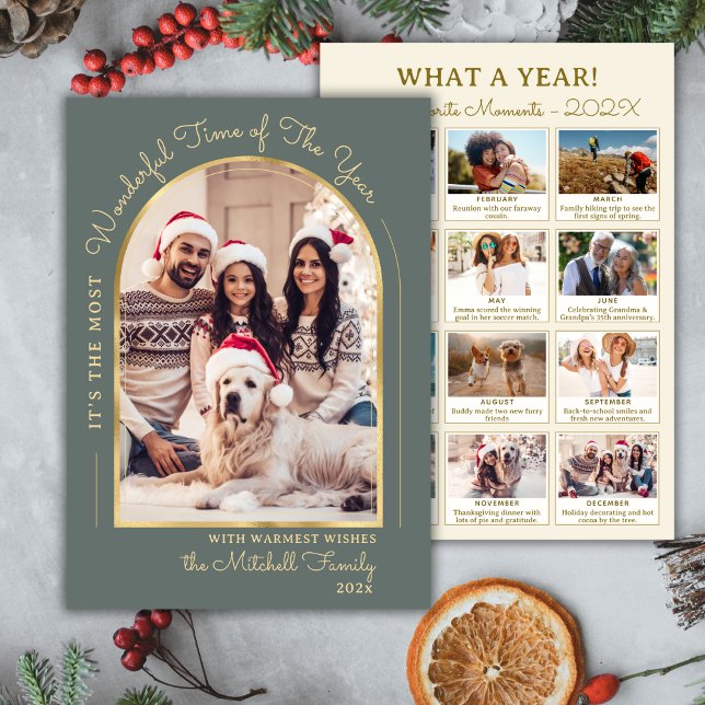 Modern Year in Review Arch 13 Photo Collage Green Holiday Card (Creator Uploaded)