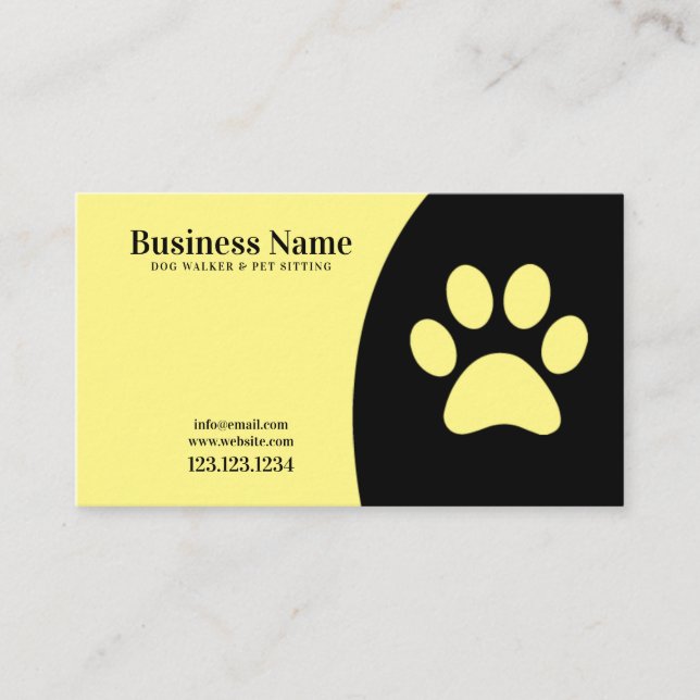 Modern Yellow and Black Paw Print Dog Walking Business Card (Front)