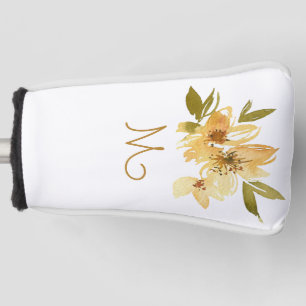 Modern Yellow and Copper Floral Monogram Golf Head Cover