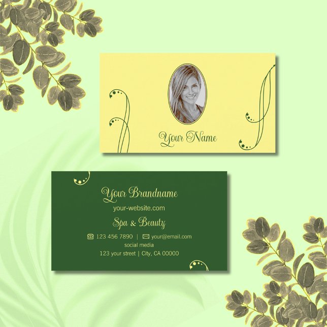Modern Yellow and Green Ornate with Portrait Photo Business Card (Creator Uploaded)