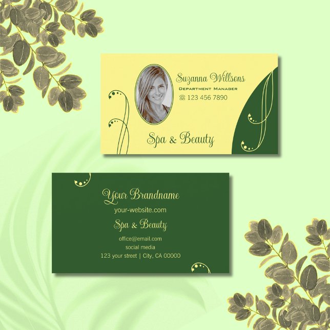 Modern Yellow and Green Ornate with Portrait Photo Business Card (Creator Uploaded)