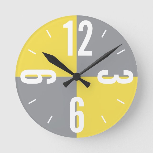 Modern yellow and grey colour blocks large numbers round clock (Front)