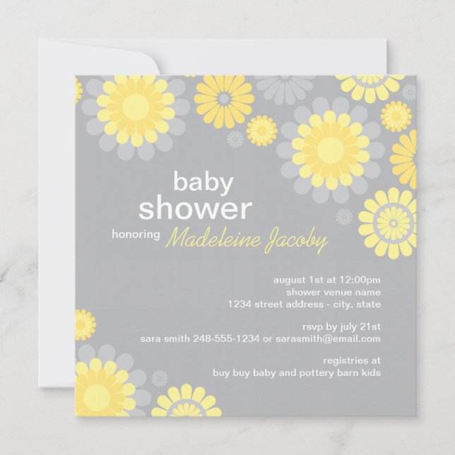 Modern Yellow and Grey Daisy Flowers Baby Shower Invitation (Front)