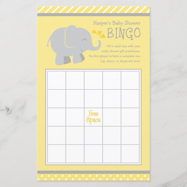 Modern Yellow and Grey Elephant Baby Shower Bingo (Front)