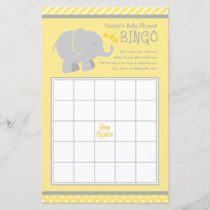 Modern Yellow and Grey Elephant Baby Shower Bingo