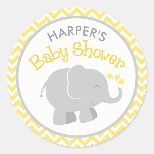 Modern Yellow and Grey Elephant Baby Shower Classic Round Sticker (Front)