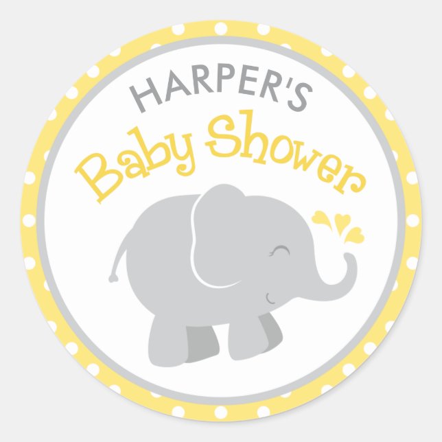 Modern Yellow and Grey Elephant Baby Shower Classic Round Sticker (Front)