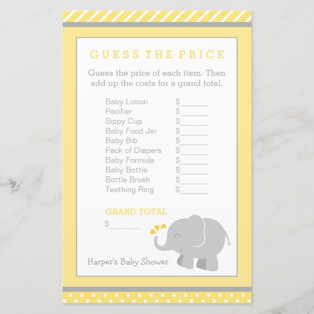 Modern Yellow and Grey Elephant Baby Shower Game (Front)