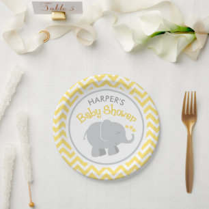 Modern Yellow and Grey Elephant Baby Shower Paper Plate