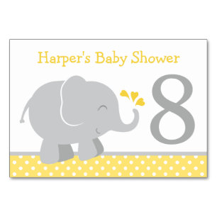 Modern Yellow and Grey Elephant Baby Shower Table Number