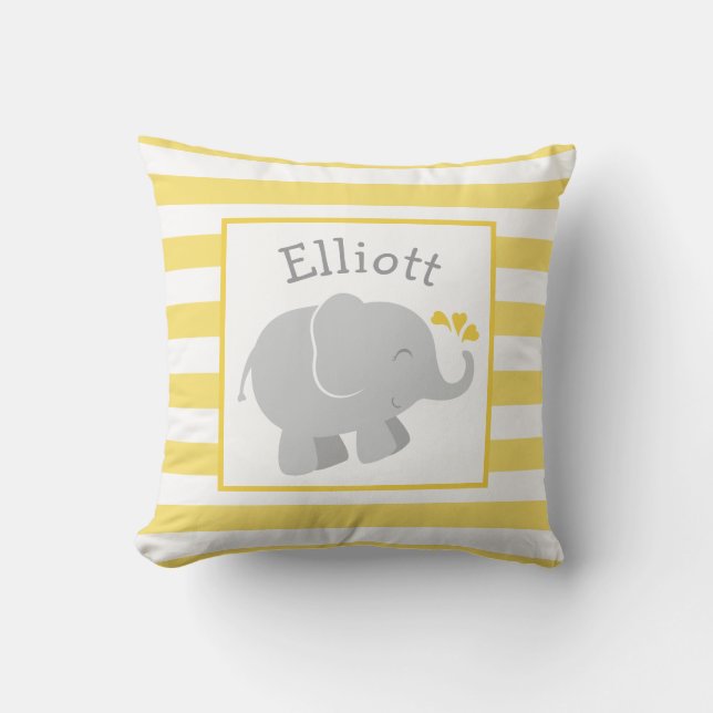 Modern Yellow and Grey Elephant Custom Monogram Cushion (Front)