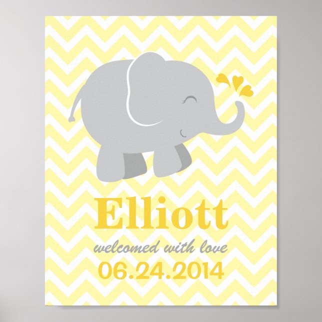 Modern Yellow and Grey Elephant Custom Monogram Poster (Front)