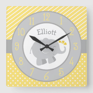 Modern Yellow and Grey Elephant Custom Monogram Square Wall Clock