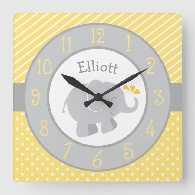 Modern Yellow and Grey Elephant Custom Monogram Square Wall Clock (Front)