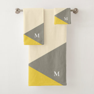 Modern Yellow and Grey Geometric Monogram Bath Towel Set