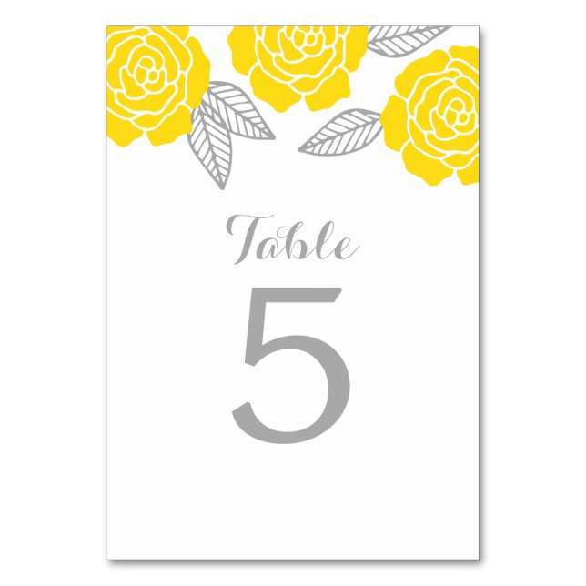 Modern Yellow and Grey Rose Wedding Table Number (Front)