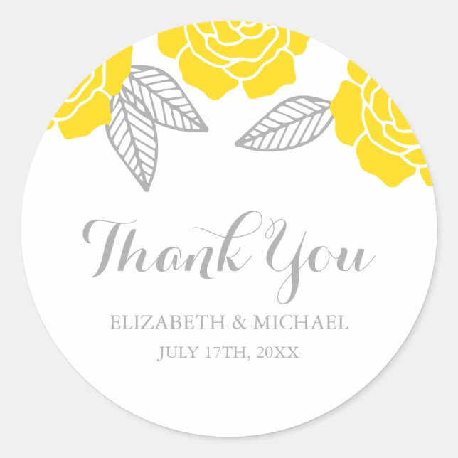 Modern Yellow and Grey Rose Wedding Thank You Classic Round Sticker (Front)