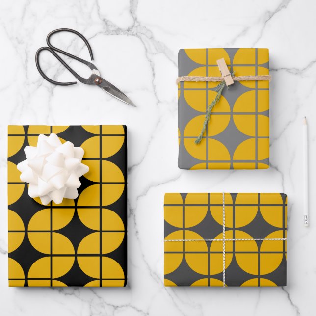 Modern Yellow and Grey Simple Geometric Pattern Wrapping Paper Sheet (Front)