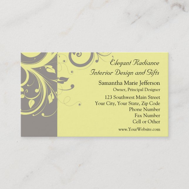 Modern Yellow and Grey Swirl Wedding Business Card (Front)