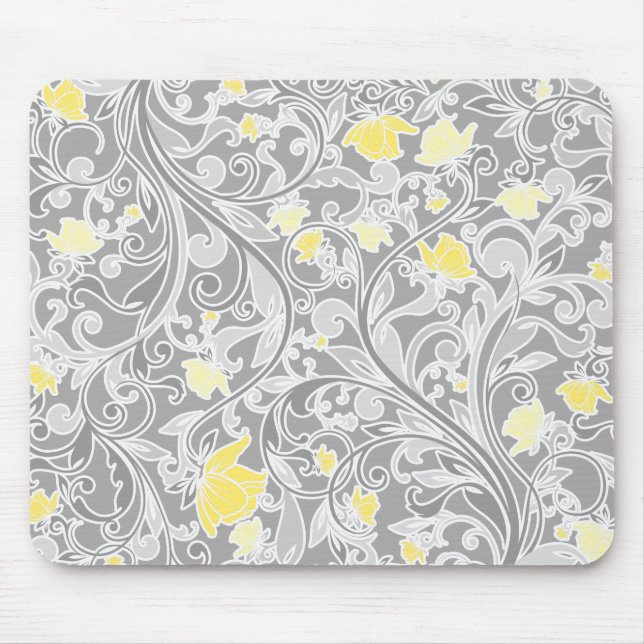 Modern Yellow and Grey Swirly Floral Mouse Mat (Front)