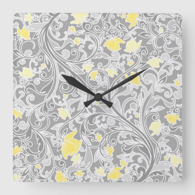 Modern Yellow and Grey Swirly Floral Square Wall Clock (Front)