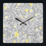 Modern Yellow and Grey Swirly Floral Square Wall Clock<br><div class="desc">Pretty modern girly floral pattern featuring elegant pastel grey swirls and yellow and gold flowers intertwined on a darker grey background.</div>